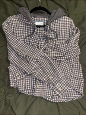 American Eagle Hooded Plaid Button-Up Shirt Small Distressed Elbows Gray White